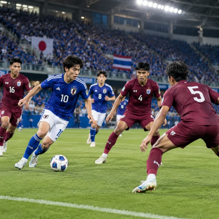 日本U23与泰国U23争夺小组头名的比赛画面
